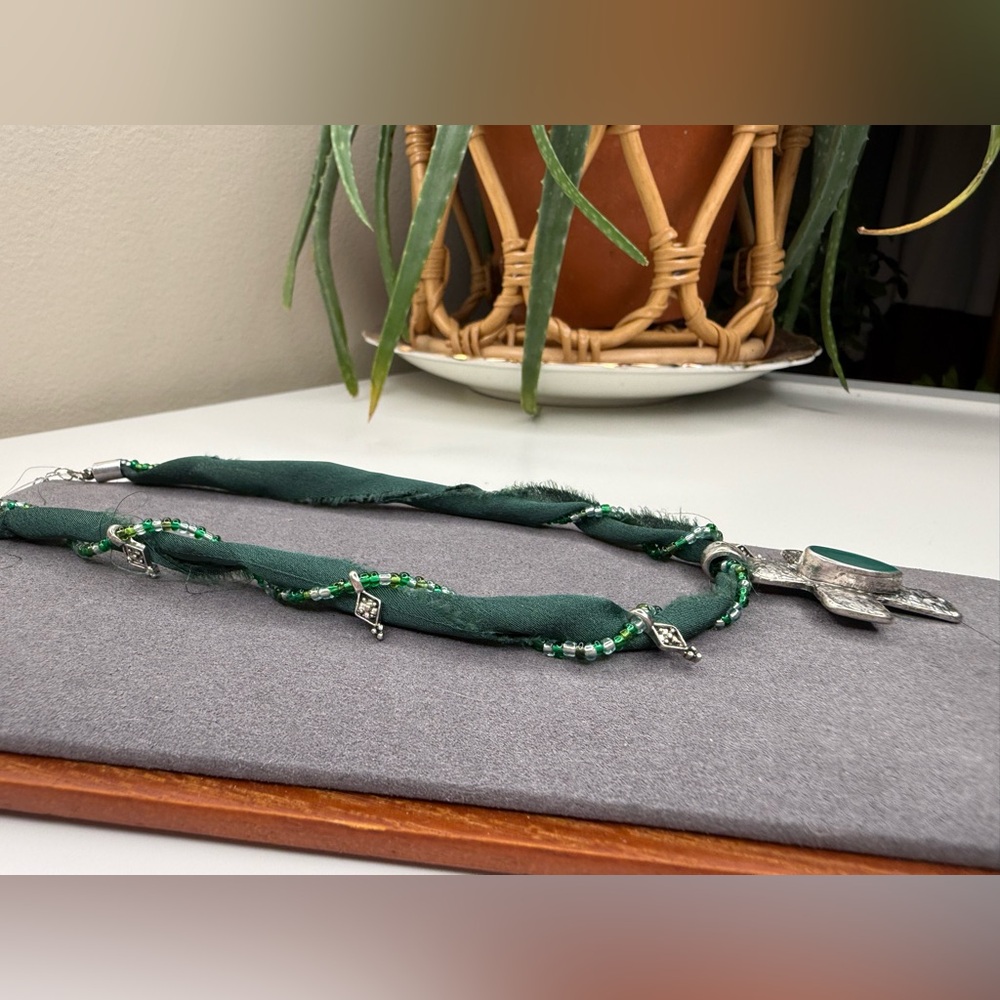 NWT Free People Boho Green Beaded Cross Pendant Long Ribbon Necklace - Picture 5 of 9